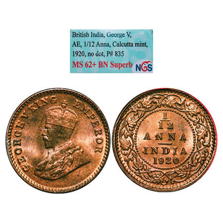 George V, Bronze, 1/12 Anna, 1920, Calcutta Mint, No dot. GK 1231, F. Prid 835. NGS Slabbe