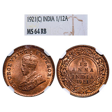 George V, Bronze, 1/12 Anna, 1921, Calcutta Mint, No dot. GK 1232, F. Prid 836. NGC Slabbe