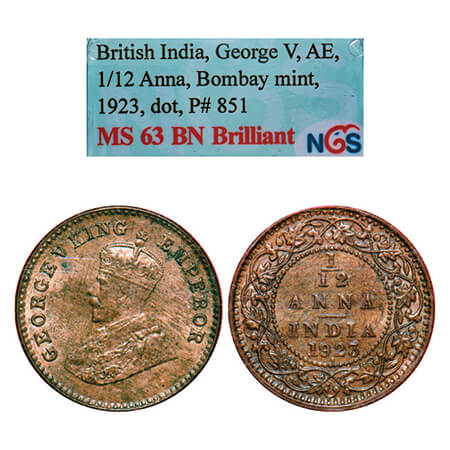 George V, Bronze, 1/12 Anna, 1923, Bombay Mint, Dot. GK 1233, F. Prid 851. NGS Slabbed MS 