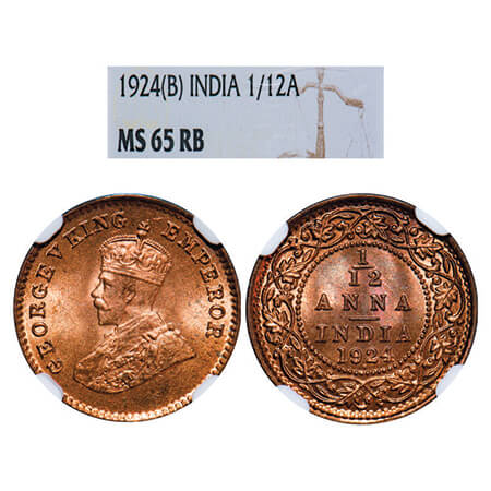 George V, Bronze, 1/12 Anna, 1924, Bombay Mint, Dot. GK 1235, F. Prid 852. NGC Slabbed MS 
