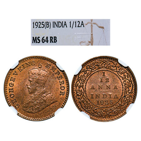 George V, Bronze, 1/12 Anna, 1925, Bombay Mint, Dot. GK 1237, F. Prid 853. NGC Slabbed MS 