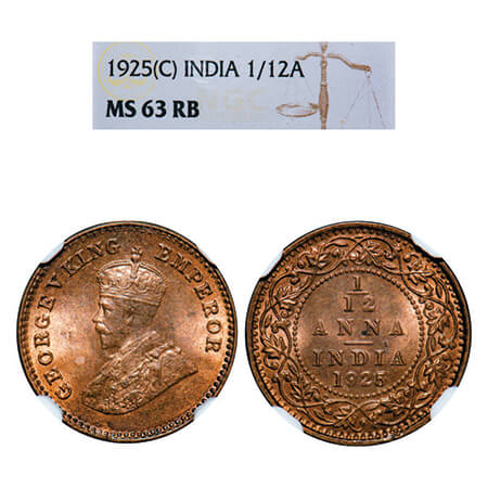 George V, Bronze, 1/12 Anna, 1925, Calcutta Mint, No dot. GK 1238, F. Prid 839. NGC Slabbe