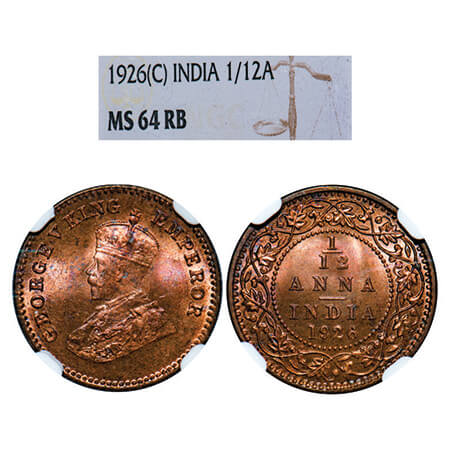 George V, Bronze, 1/12 Anna, 1926, Calcutta Mint, No dot. GK 1240, F. Prid 840. NGC Slabbe