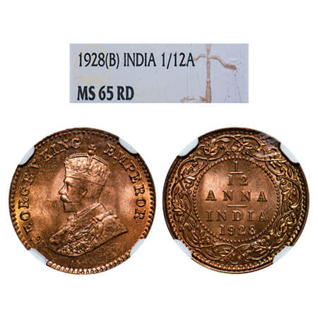 George V, Bronze, 1/12 Anna, 1928, Bombay Mint, Dot. GK 1243, F. Prid 856. NGC Slabbed MS 