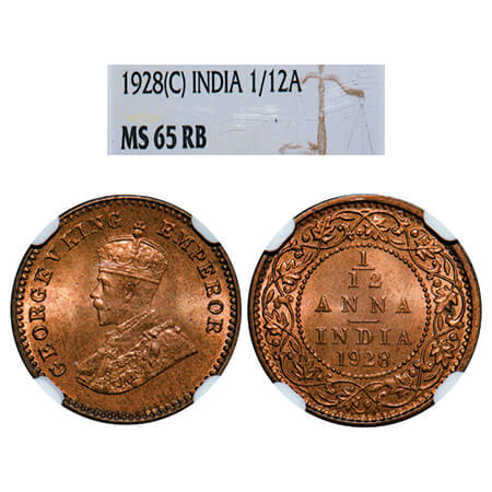 George V, Bronze, 1/12 Anna, 1928, Calcutta Mint, No dot. GK 1244, F.Prid 842. NGC Slabbed