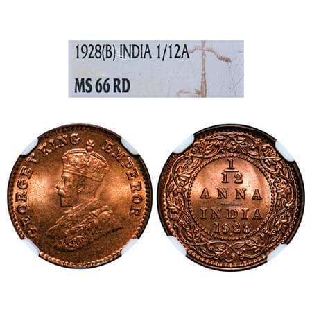 George V, Bronze, 1/12 Anna, 1928, Bombay Mint, Dot. GK 1243, F. Prid 856. NGC Slabbed MS 