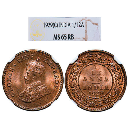 George V, Bronze, 1/12 Anna, 1929, Calcutta Mint, No dot. GK 1245, F. Prid 843. NGC Slabbe