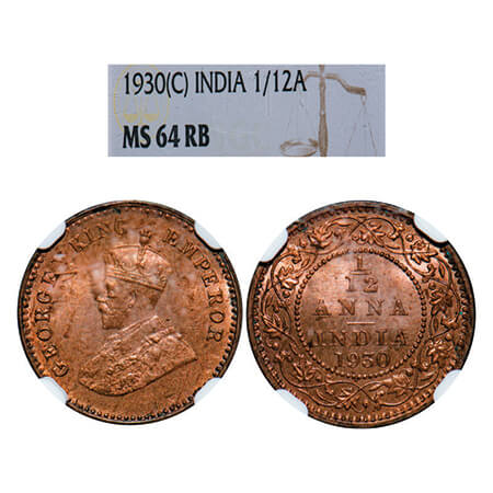 George V, Bronze, 1/12 Anna, 1930, Calcutta Mint, No dot. GK 1246, F. Prid 844. NGC Slabbe