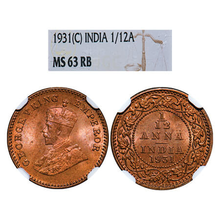 George V, Bronze, 1/12 Anna, 1931, Calcutta Mint, No dot. GK 1247, F. Prid 845. NGC Slabbe