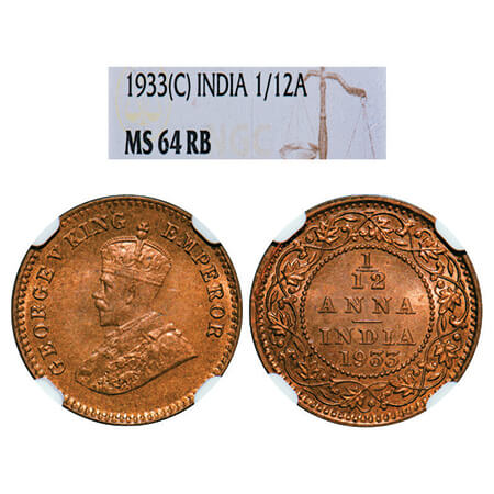 George V, Bronze, 1/12 Anna, 1933, Calcutta Mint, No dot. GK 1249, F. Prid 847. NGC Slabbe