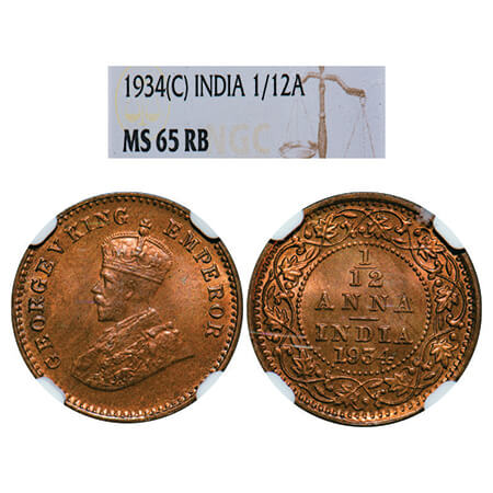 George V, Bronze, 1/12 Anna, 1934, Calcutta Mint, No dot. GK 1250, F. Prid 848. NGC Slabbe