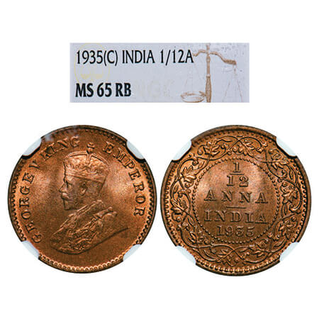 George V, Bronze, 1/12 Anna, 1935, Calcutta Mint, No dot. GK 1251, F. Prid 849. NGC Slabbe