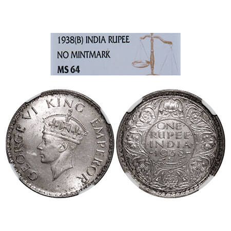 George VI, Silver, Rupee, 1938, Bombay Mint, A/I, No dot, Milled edge. GK 1254, F. Prid 23