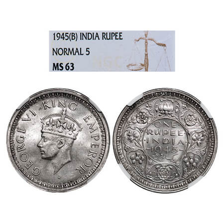 George VI, Half Silver, Rupee, 1945, Bombay Mint, D/II, Dot, Security edge, Normal '5'. GK