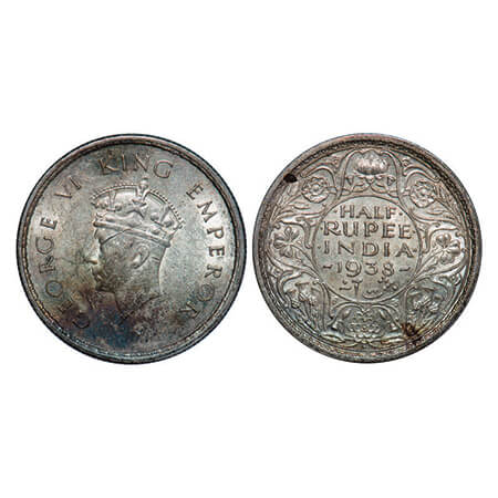 George VI, Silver, Half Rupee, 1938, Bombay Mint, A/I, Head Type I, Dot, Milled edge. GK 1
