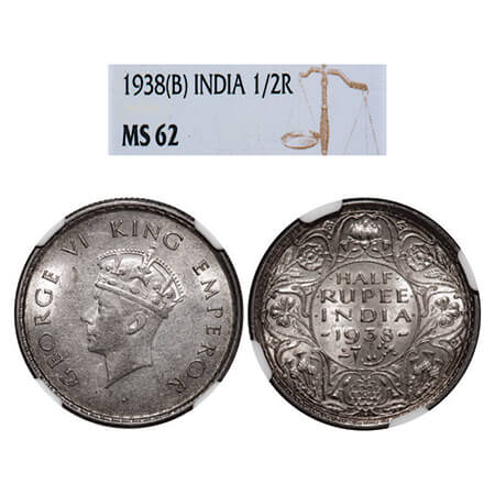 George VI, Silver, Half Rupee, 1938, Bombay Mint, A/I, Head Type I, Dot, Milled edge. GK 1