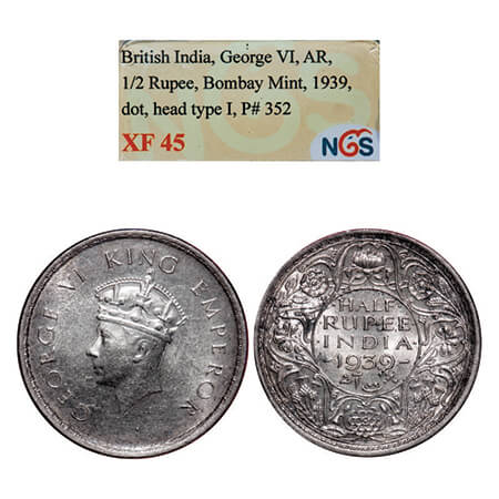 George VI, Silver, Half Rupee, 1939, Bombay Mint, A/I, Dot, Head Type I, Milled edge. GK 1