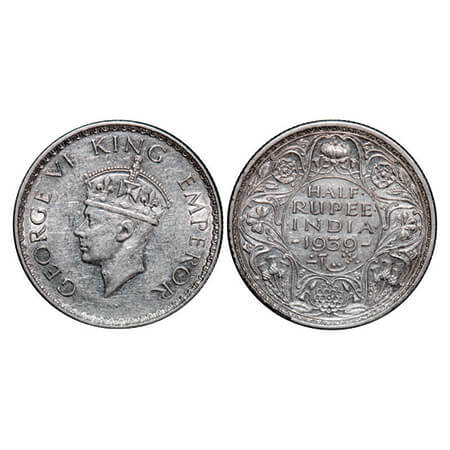 George VI, Silver, Half Rupee, 1939, Bombay Mint, A(a)/I, Head Type II, Dot, Milled edge. 