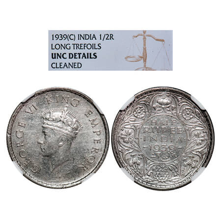 George VI, Silver, Half Rupee, 1939, Calcutta Mint, A/I, Head Type I, No dot, Milled edge.