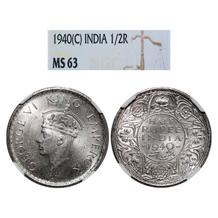 George VI, Silver, Half Rupee, 1940, Calcutta Mint, A(a)/I, Head Type II, No dot, Milled e