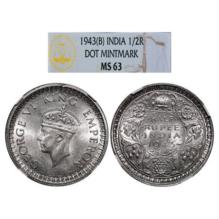 George VI, Silver, Half Rupee, 1943, Bombay Mint, B/II, Head Type II, Dot, Security edge. 