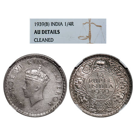 George VI, Silver, 1/4 Rupee, 1939, Bombay Mint, Head Type I, Rev I, No dot, Milled edge, 