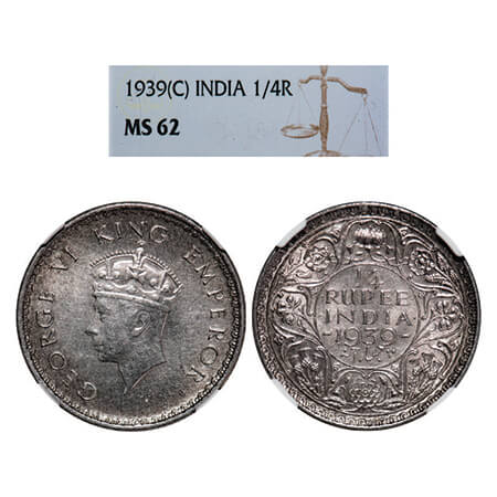 George VI, Silver, 1/4 Rupee, 1939, Calcutta Mint, Head Type I, Rev I, No dot, Milled edge