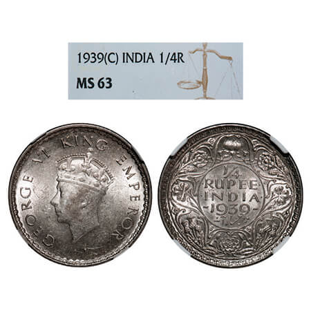 George VI, Silver, 1/4 Rupee, 1939, Calcutta Mint, Head Type I, Rev I, No dot, Milled edge