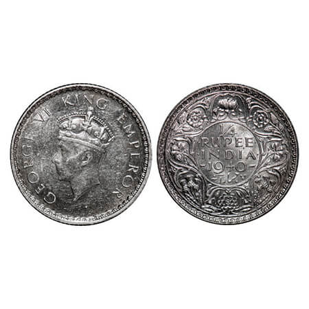 George VI, Half Silver, 1/4 Rupee, 1940, Bombay Mint, Head Type I, Rev I, Dot, Milled edge