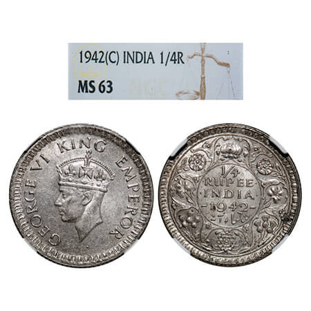 George VI, Half Silver, 1/4 Rupee, 1942, Calcutta Mint, Head Type II, Rev II, No dot, Mill
