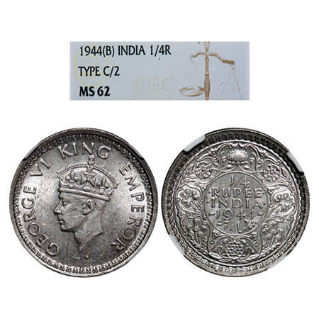 George VI, Half Silver, 1/4 Rupee, 1944, Bombay Mint, Head Type II, Rev II, Dot, Security 