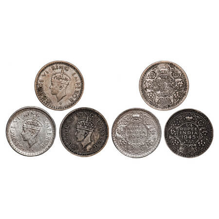 George VI, Half Silver, 1/4 Rupee, (3 coins), 1945, 1) Bombay Mint, Head Type II, Rev II, 