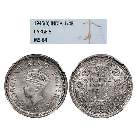 George VI, Half Silver, 1/4 Rupee, 1945, Bombay Mint, Head Type II, Rev II, Dot, Security 