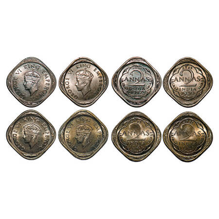 George VI, Copper-Nickel, 2 Annas, (4 coins), 1) 1939, Bombay Mint, Head Type I, Dots by y
