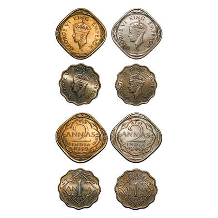 George VI, Mix Metal, (4 coins), 1) 2 Annas, Copper-Nickel, 1940, Bombay Mint, Head Type I