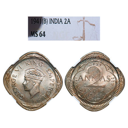 George VI, Copper-Nickel, 2 Annas, 1941, Bombay Mint, Head Type II, Dots by year, Tiny dec