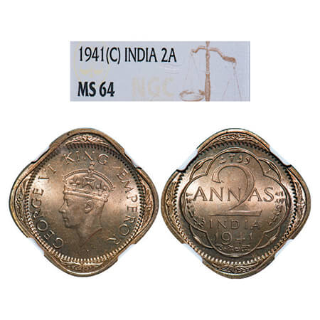 George VI, Copper-Nickel, 2 Annas, 1941, Calcutta Mint, Head Type II, No dots by year. GK