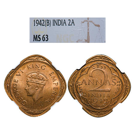 George VI, Brass-Nickel, 2 Annas, 1942, Bombay Mint, Head Type II, Dots by year, Large num