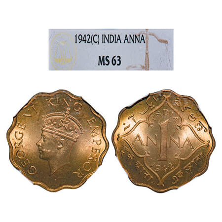 George VI, Brass-Nickel, 1 Anna, 1942, Calcutta Mint, Head Tyape II, No dot. GK 1389, F. P