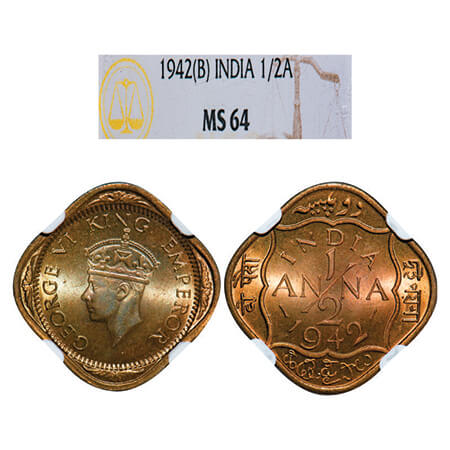 George VI, Brass-Nickel, 1/2 Anna, 1942, Bombay Mint, No dots by India, Dashes by year. GK