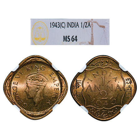 George VI, Brass-Nickel, 1/2 Anna, 1943, Calcutta Mint, Dots by India, Dashes by year. GK 