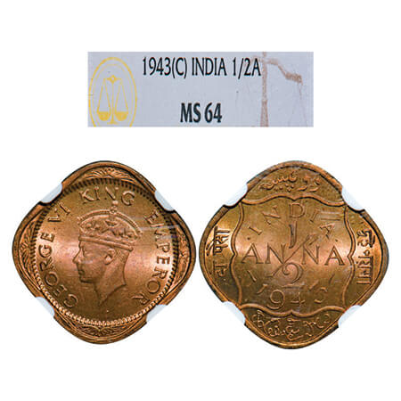 George VI, Brass-Nickel, 1/2 Anna, 1943, Calcutta Mint, Dots by India, Dashes by year. GK 