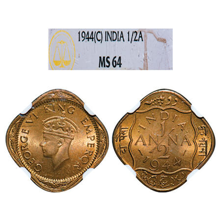 George VI, Brass-Nickel, 1/2 Anna, 1944, Calcutta Mint, Dots by India, Dashes by year. GK 