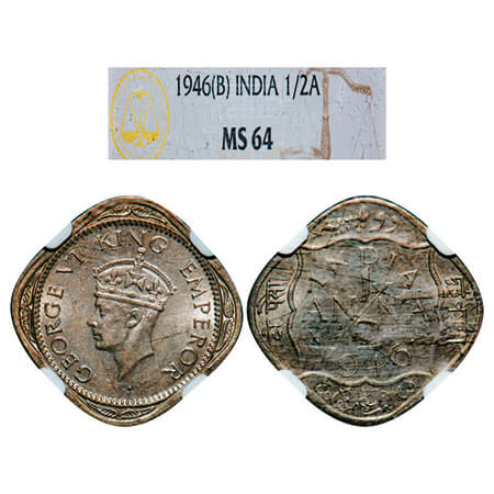 George VI, Copper-Nickel, 1/2 Anna, 1946, Bombay Mint, Dots by India, Dash-Dot-Dash. GK 14