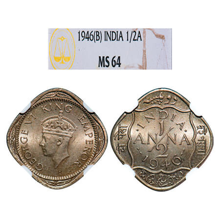 George VI, Copper-Nickel, 1/2 Anna, 1946, Bombay Mint, Dots by India, Dash-Dot-Dash. GK 14