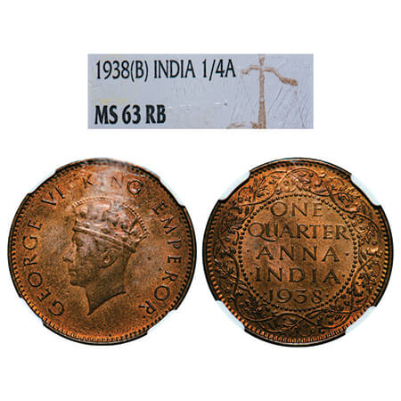 George VI, Bronze, Quarter Anna, 1938, Bombay Mint, Head Type I, Dot. GK 1419. NGC Slabbed