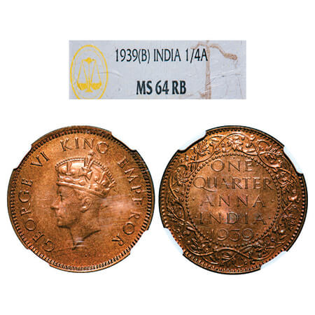 George VI, Bronze, Quarter Anna, 1939, Bombay Mint, Head Type I, Dot. GK 1422. NGC Slabbed