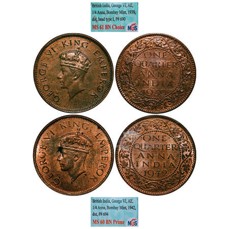 George VI, Bronze, Quarter Anna, (2 slabs), 1939, 1942, Bombay Mint, Dot, 1) Head rype I, 