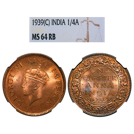 George VI, Bronze, Quarter Anna, 1939, Calcutta Mint, Head Type I, No dot. GK 1423. NGC Sl