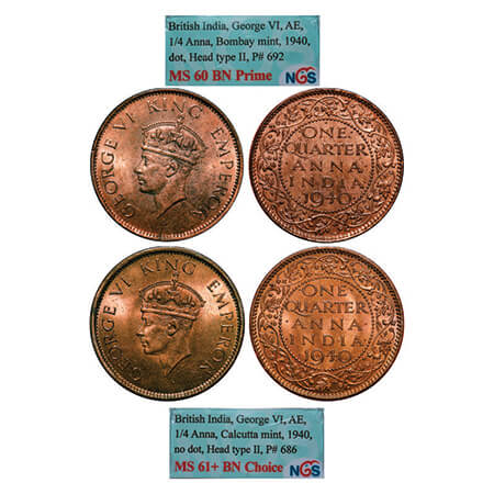 George VI, Bronze, Quarter Anna, (2 slabs), 1940, 1) Bombay Mint, Head Type II, Dot, 2) Ca